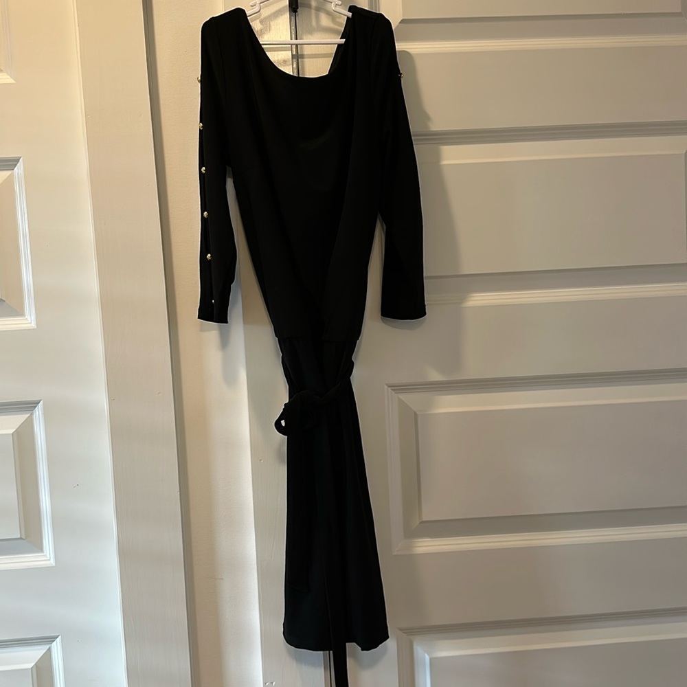 XXS WHBM black mid-thigh dress, gold buttons on sleeve cutout